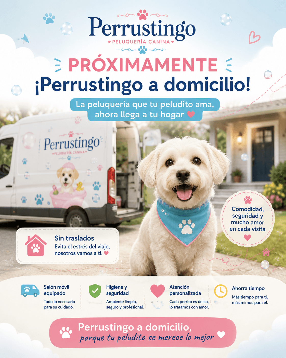 Próximamente: Perrustingo a domicilio — el spa canino hasta tu casa.